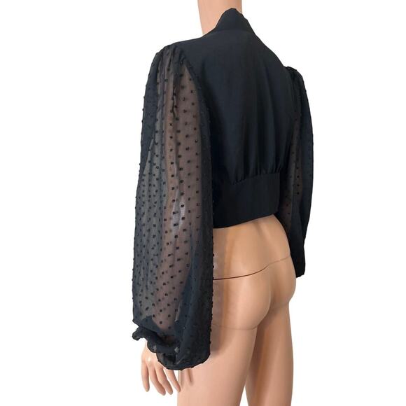 Unity Swiss Dot Lantern Sleeve Blouse button up puff sleeve cropped black SZ S - Picture 4 of 7